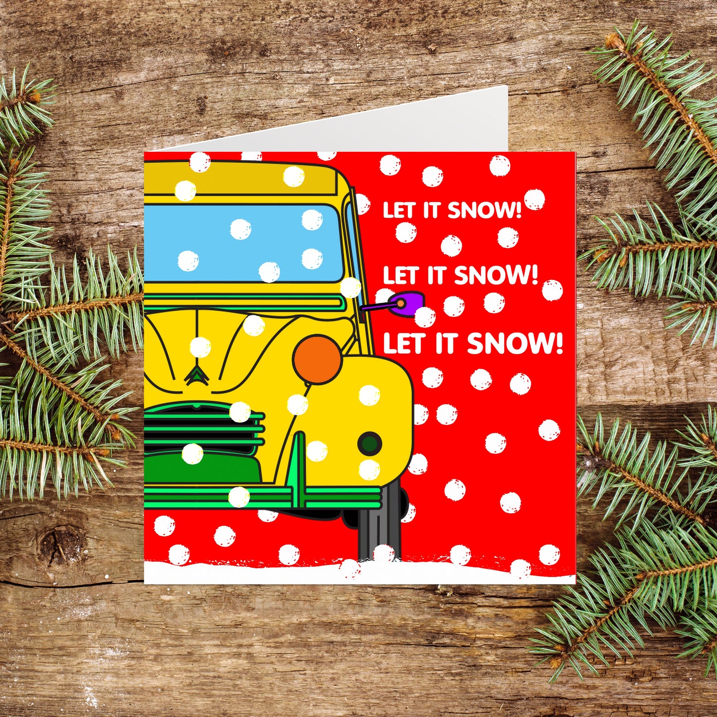 Set of five 2CV Yellow and Red Let It Snow Christmas Cards